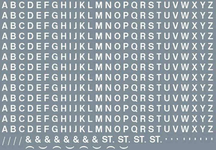 Numeric/alphabet sheet: white BR lettering (3mm high) Waterslide Decals