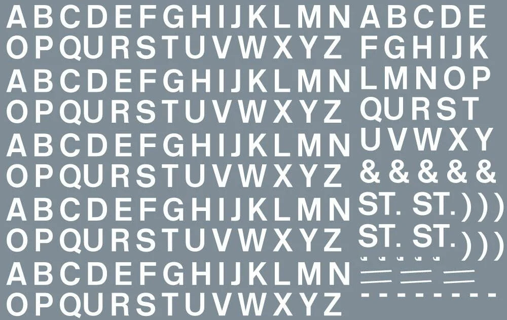 Numeric/alphabet sheet: white BR lettering (5mm high) Waterslide Decals