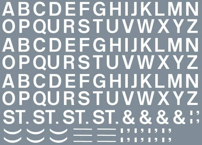 RT-ALL-0020 Numeric/alphabet sheet: white BR lettering (6.67mm high) Transfers