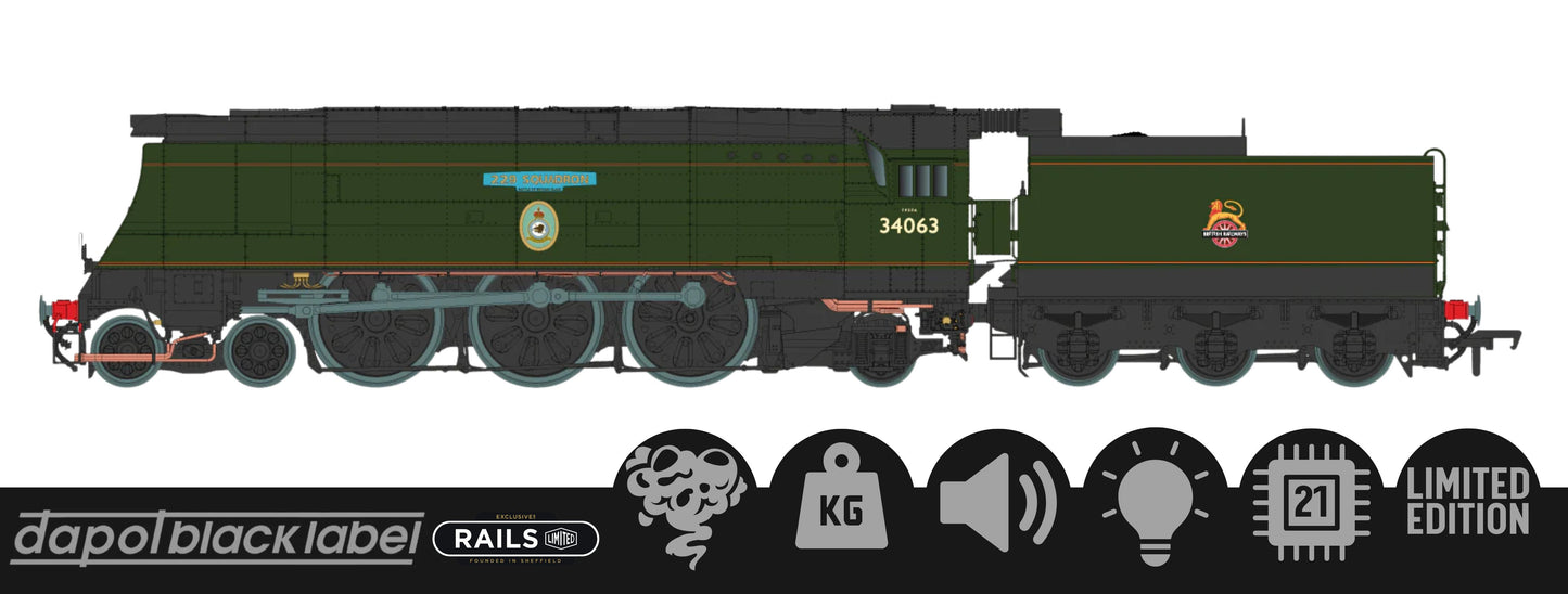 Black Label Battle of Britain 229 Squadron 34063 BR Green Early Crest Steam Locomotive - DCC Sound & Smoke