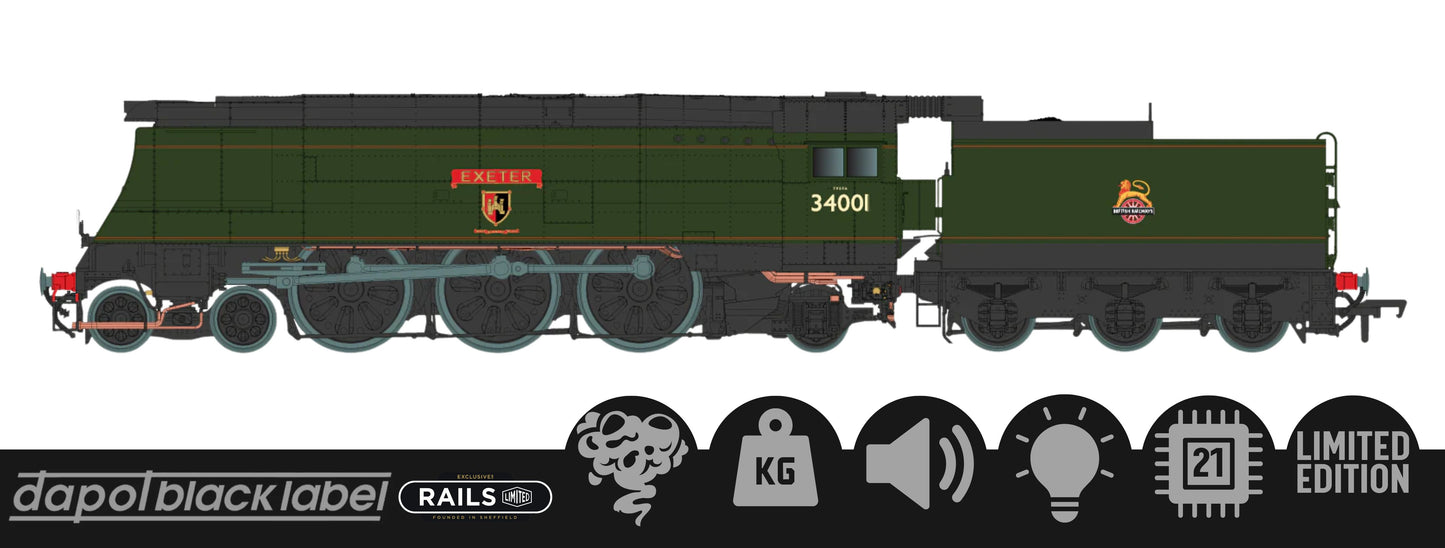 Black Label West Country Exeter 34001 B.R. Green Early Crest Steam Locomotive - DCC Sound & Smoke