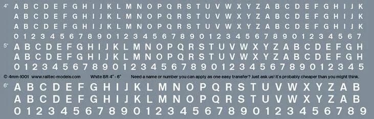 Numeric/Alphabet Sheet: White BR Scale 4-6" for OO Gauge Waterslide Decals