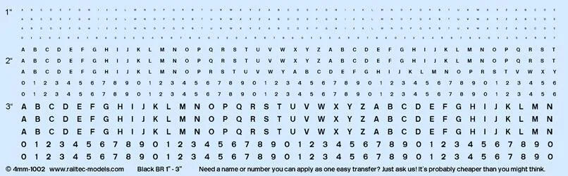 Numeric/Alphabet Sheet: Black BR scale 1" - 3" for OO Gauge Waterslide Decals