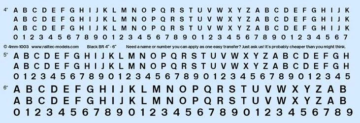 Numeric/Alphabet Sheet: Black BR Scale 4" - 6" for OO gauge Waterslide Decals