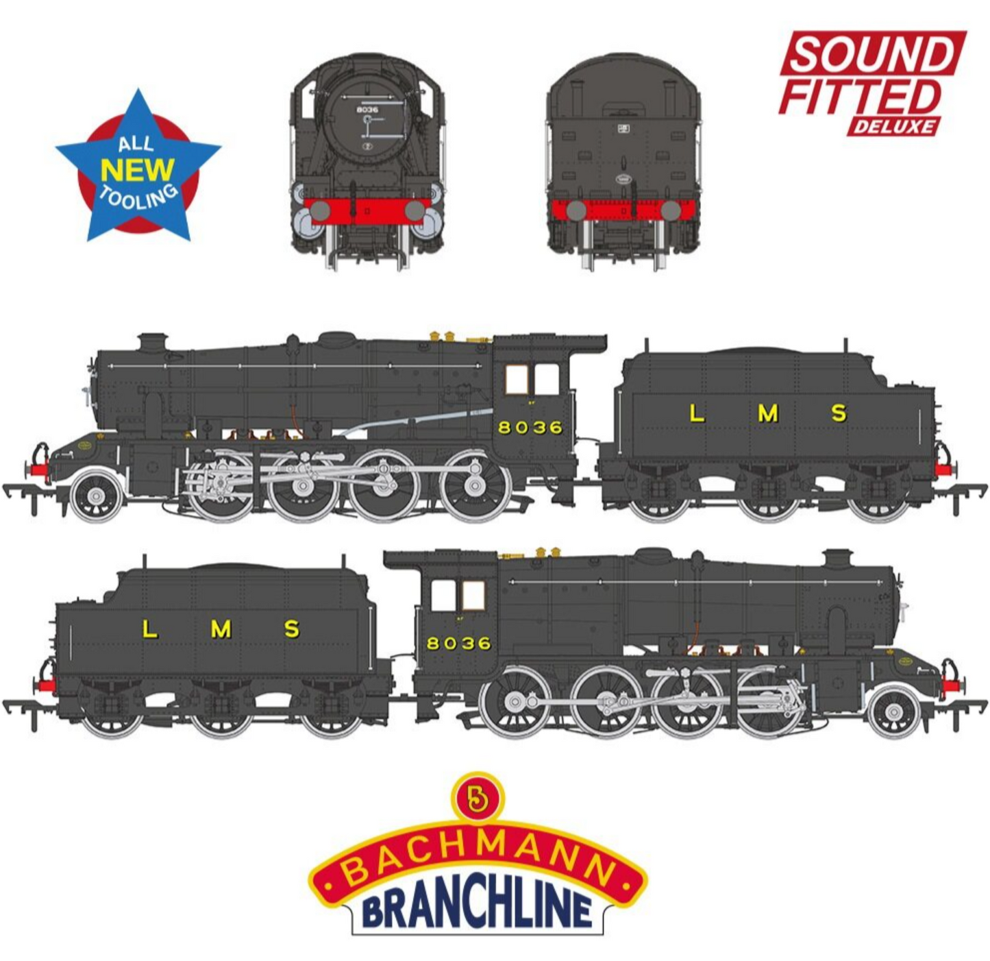 LMS 8F with Riveted Tender 8036 LMS Black Steam Locomotive - DCC Sound Deluxe