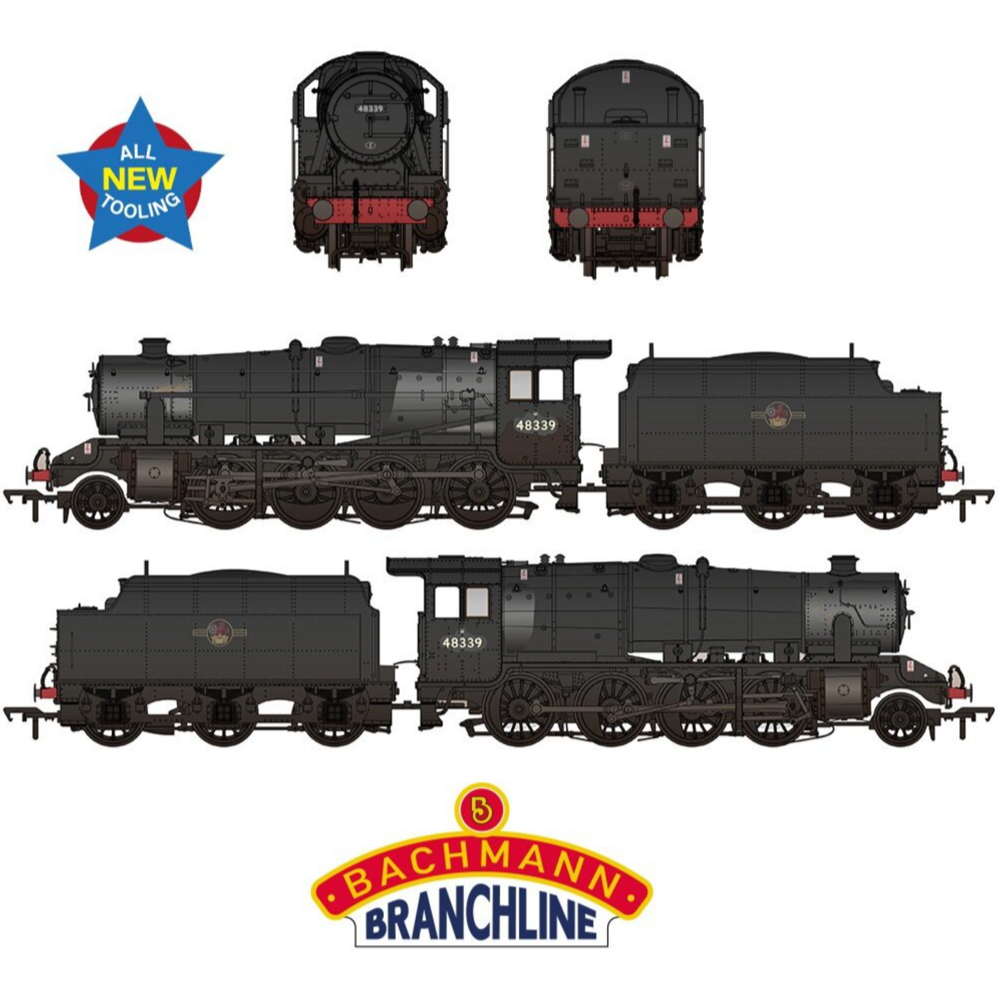LMS 8F with Riveted Tender 48339 BR Black (Late Crest) Steam Locomotive - Weathered