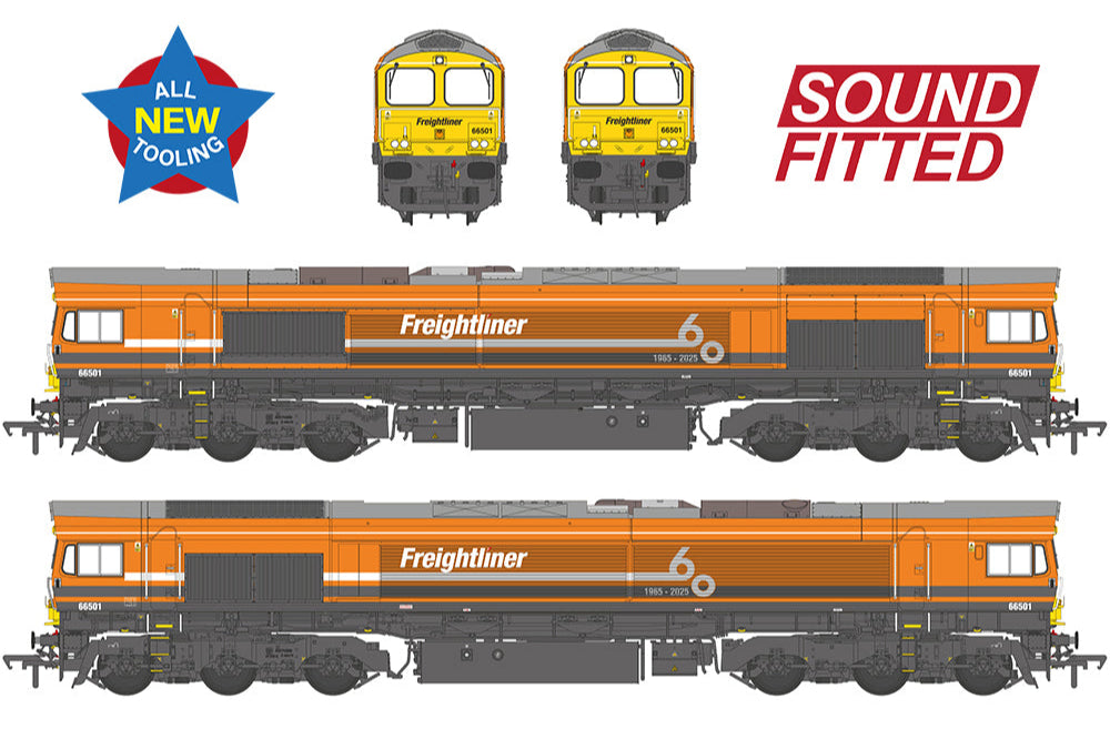 Class 66/5 66501 Freightliner 60 1965-2025 Freightliner Orange Diesel Locomotive - DCC Sound