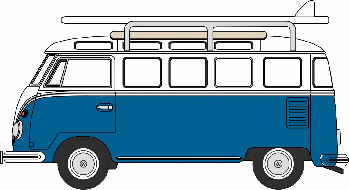VW T1 Samba Bus/surfboards Gulf Blue/White