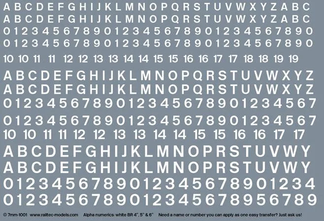 RT-7-1001 Numeric / Alphabet Sheet: White BR. (2.33mm, 2.9mm and 3.5mm) Transfer