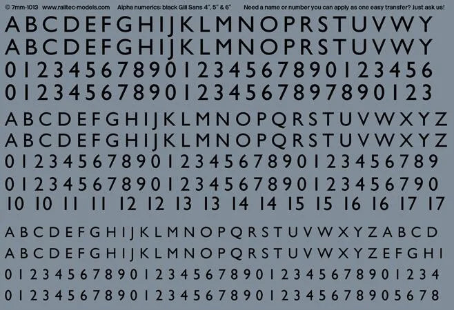 RT-7-1013 Railtec 7-1013 Numeric / Alphabet Waterslide Transfer Sheet: Black Gill Sans Font (2.5mm, 3mm, 3.5mm Tall) For O Gauge