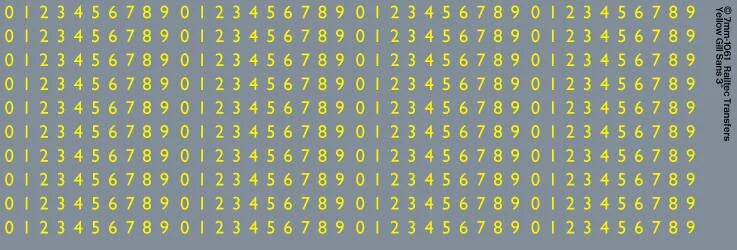 RT-7-1061 RAILTEC 7-1061 Numbers Waterslide Transfer Sheet: Yellow Gill Sans (1.75mm tall) For O Gauge