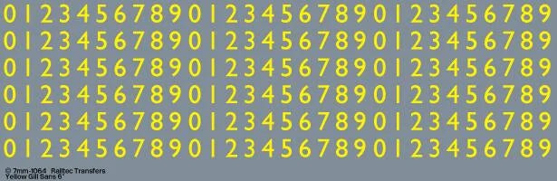 RT-7-1064 RAILTEC 7-1064 Numbers Waterslide Transfer Sheet: Yellow Gill Sans (3.5mm tall) For O Gauge