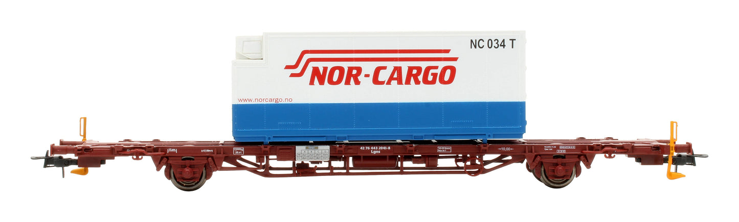 Pre-Owned NMJT 507.106 CargoNet Lgns Container Flat Wagon loaded with 25ft "Nor-Cargo" Thermo Container '42 76 443 2041-8'