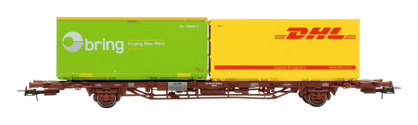 Pre-Owned NMJT 507.102 CargoNet Lgns Container Flat Wagon loaded with two 23ft "DHL" Containers '42 76 443 2064-5'