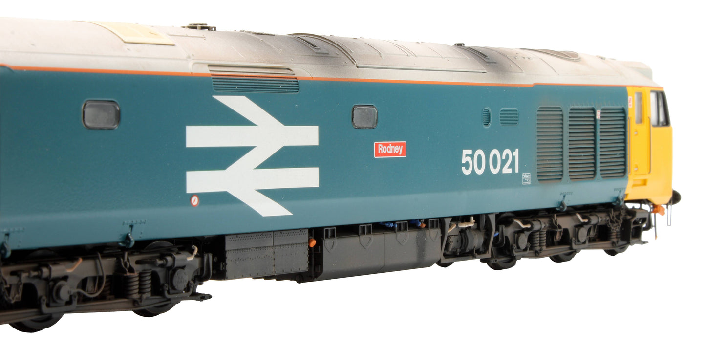 Pre-Owned ACC2243-DCC Class 50021 'Rodney' BR Blue Large Logo Diesel Locomotive (DCC Sound) - Custom Weathered