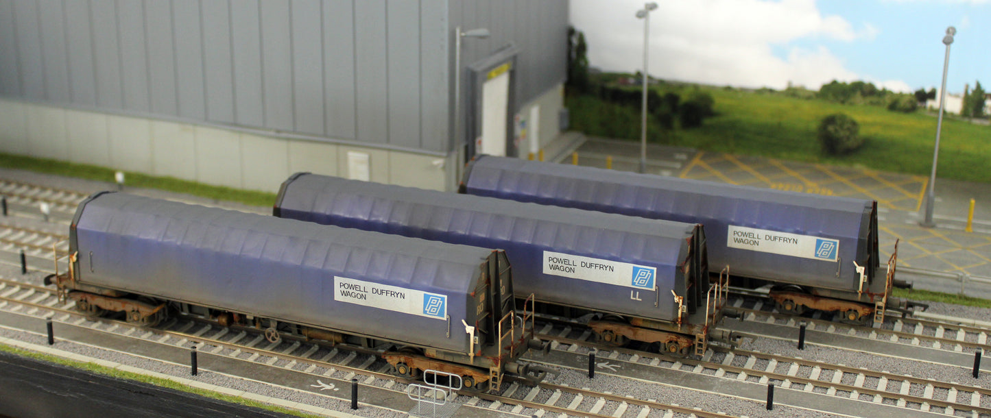 PXA01 TP(D)W Set of 3 PXA Steel Coil Carrier PD Blue Tops Code JSA, Yellow Bogies & OHLW Sticker No.3032/3055/3041 - Weathered