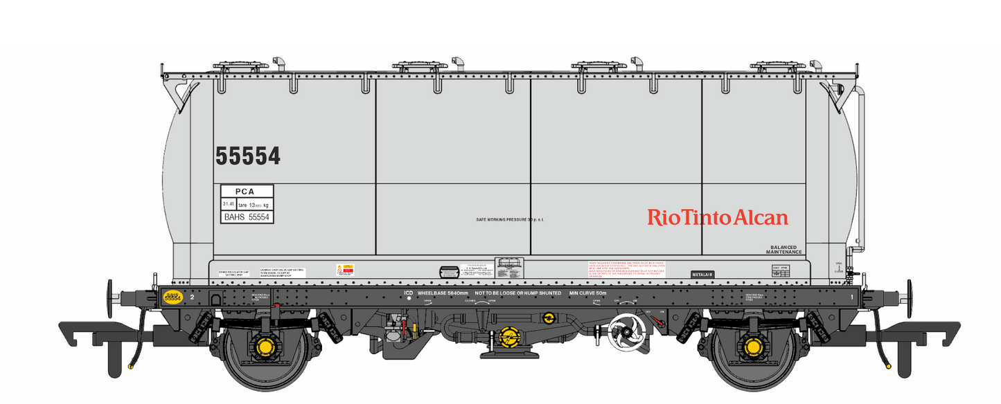 Pack of 4 RioTintoAlcan liveried PCA tanks (no ladders). Numbers: 55531, 55534, 55537, 55541