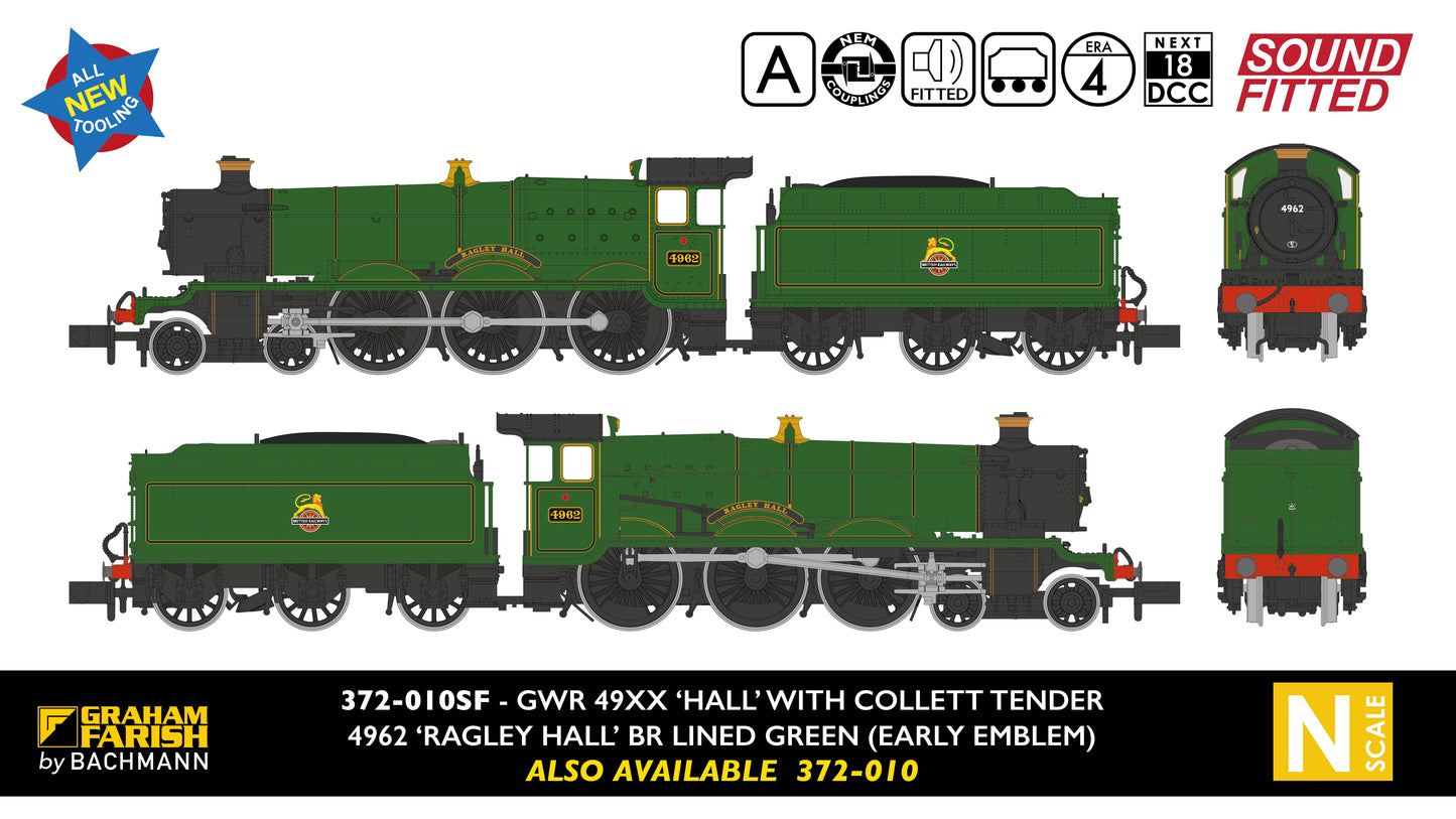 GWR 49XX 'Hall' 4962 'Ragley Hall' BR Lined Green (Early Emblem) Steam Locomotive - DCC Sound