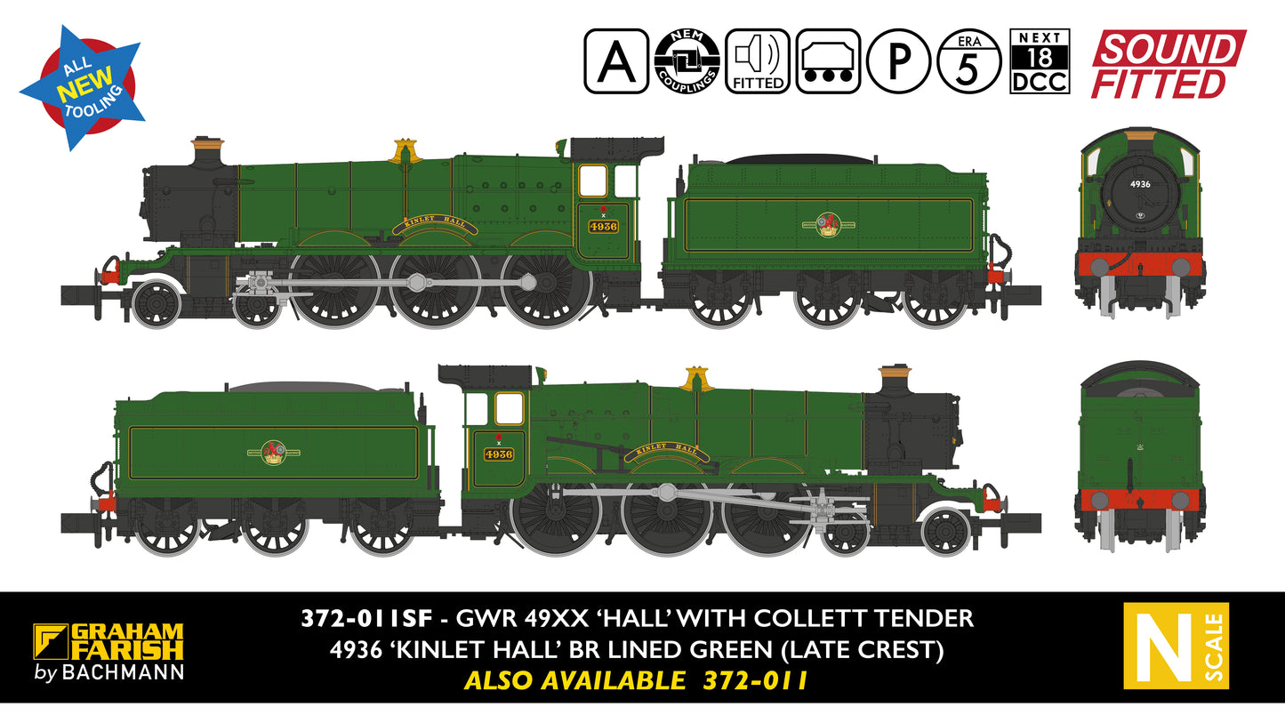 GWR 49XX 'Hall' 4936 'Kinlet Hall' BR Lined Green (Late Crest) Steam Locomotive - DCC Sound