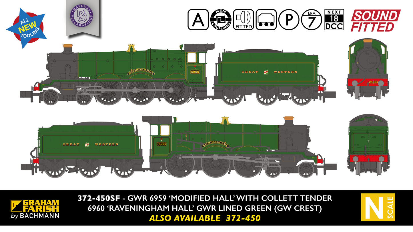 GWR 'Modified Hall' 6960 'Raveningham Hall' GWR Lined Green (GW Crest) Steam Locomotive - DCC Sound