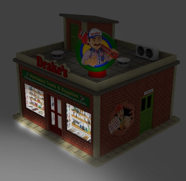 O Scale Hardware Shop w/Rotating Banner and Window Lights
