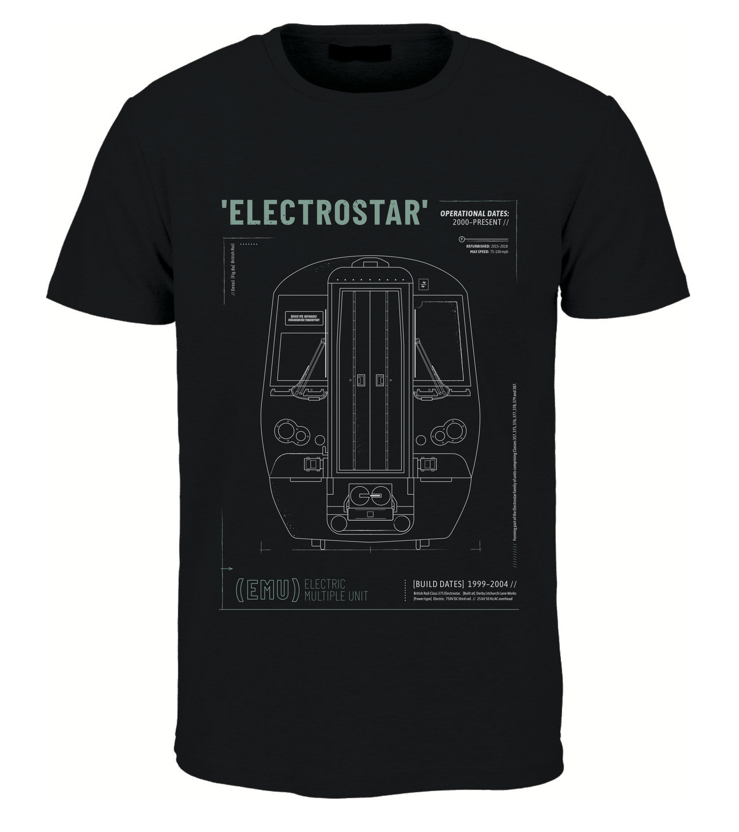 Electrostar EMU Technical Drawing Blueprint Railway T Shirt (Black)