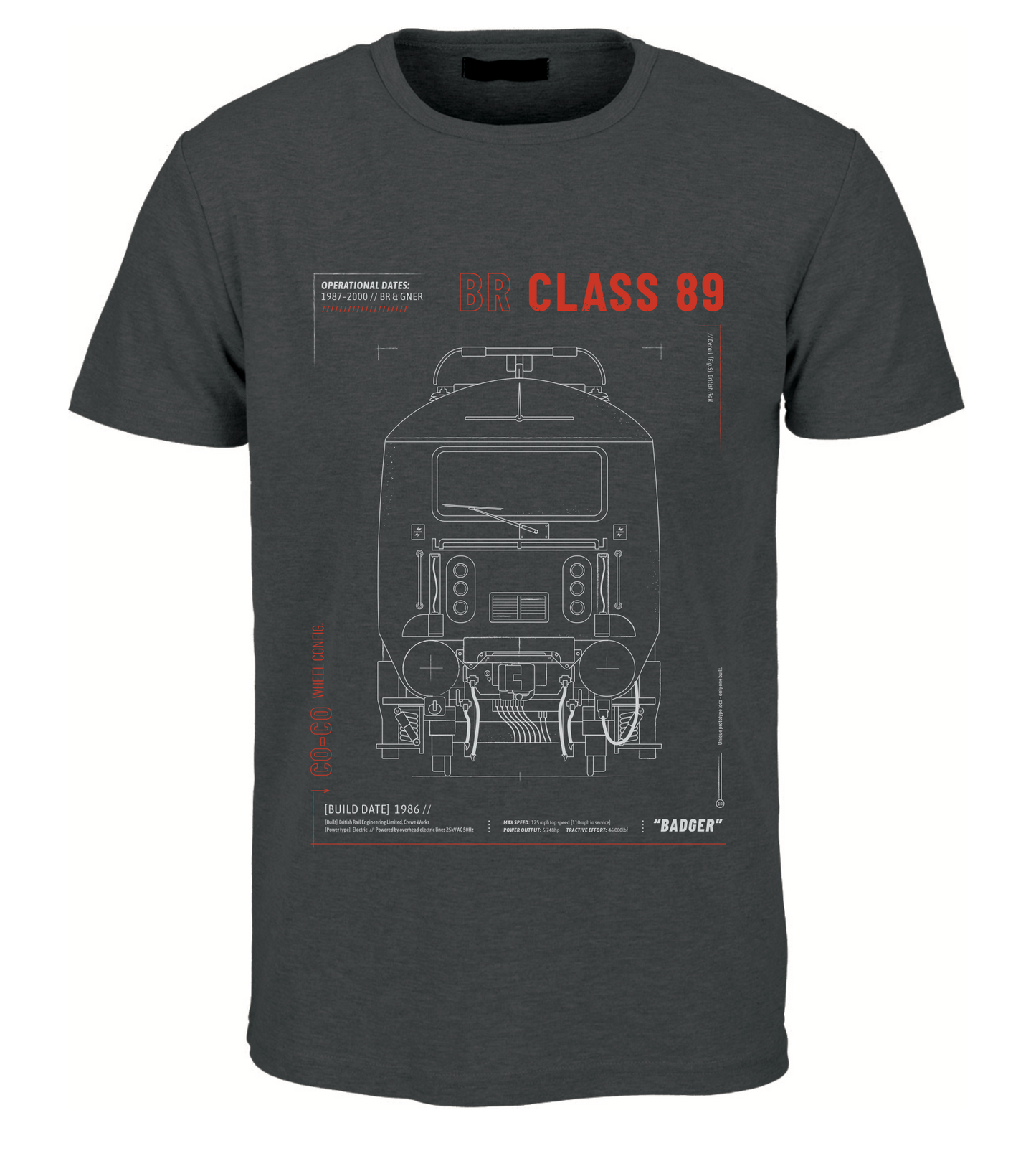 Class 89 Technical Drawing Blueprint Railway T Shirt (Grey)