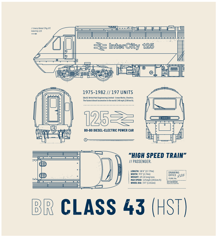 Class 43 HST Technical Drawing Blueprint Railway Tote Bag (Off-White)