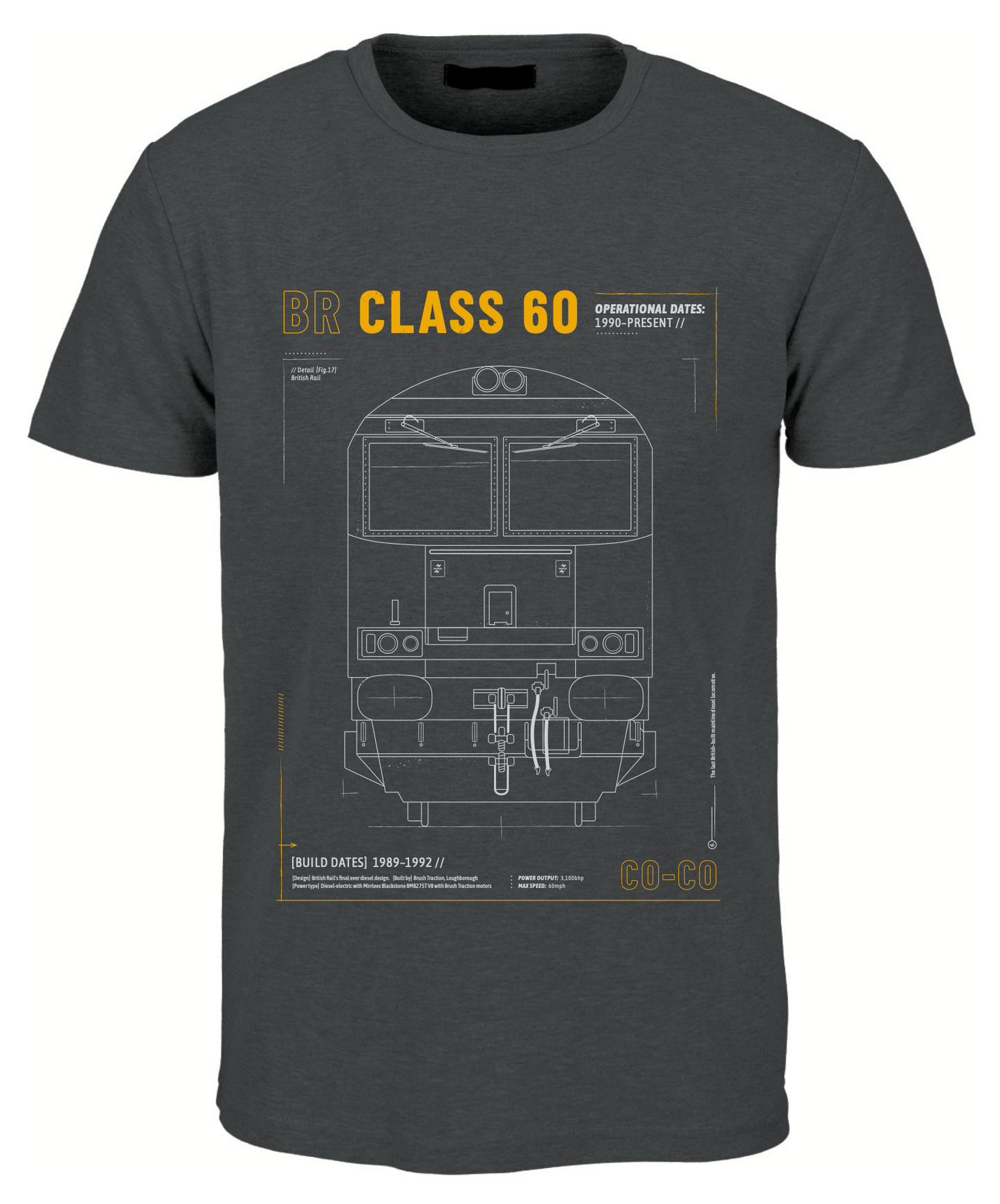 Class 60 Technical Drawing Blueprint Railway T Shirt (Grey)