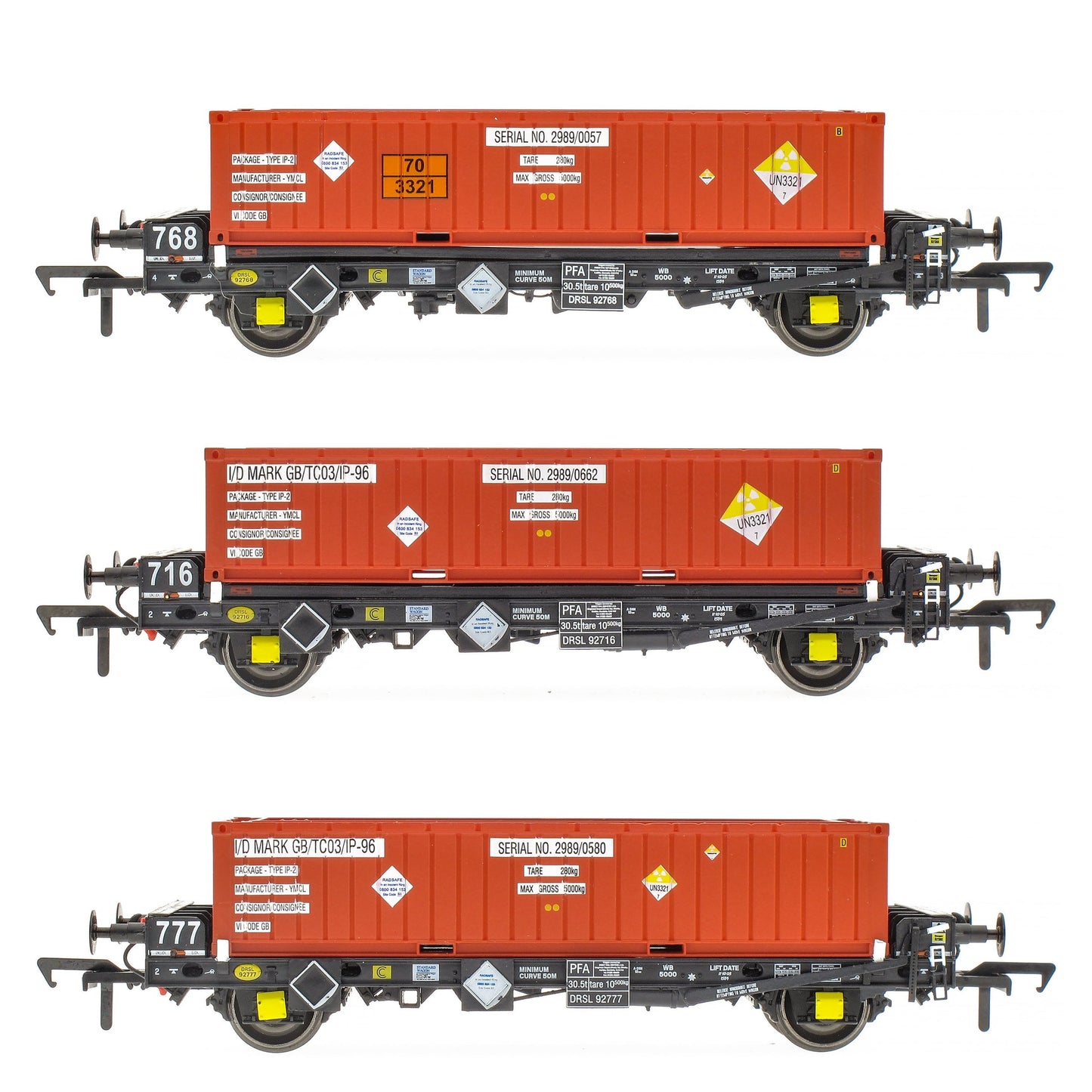 Pre-Owned ACC2080-DRS-N Set of 3 PFA 2 Axle Container Flat Wagons DRS LLNW with Nuclear Half Height Containers (Pack N)