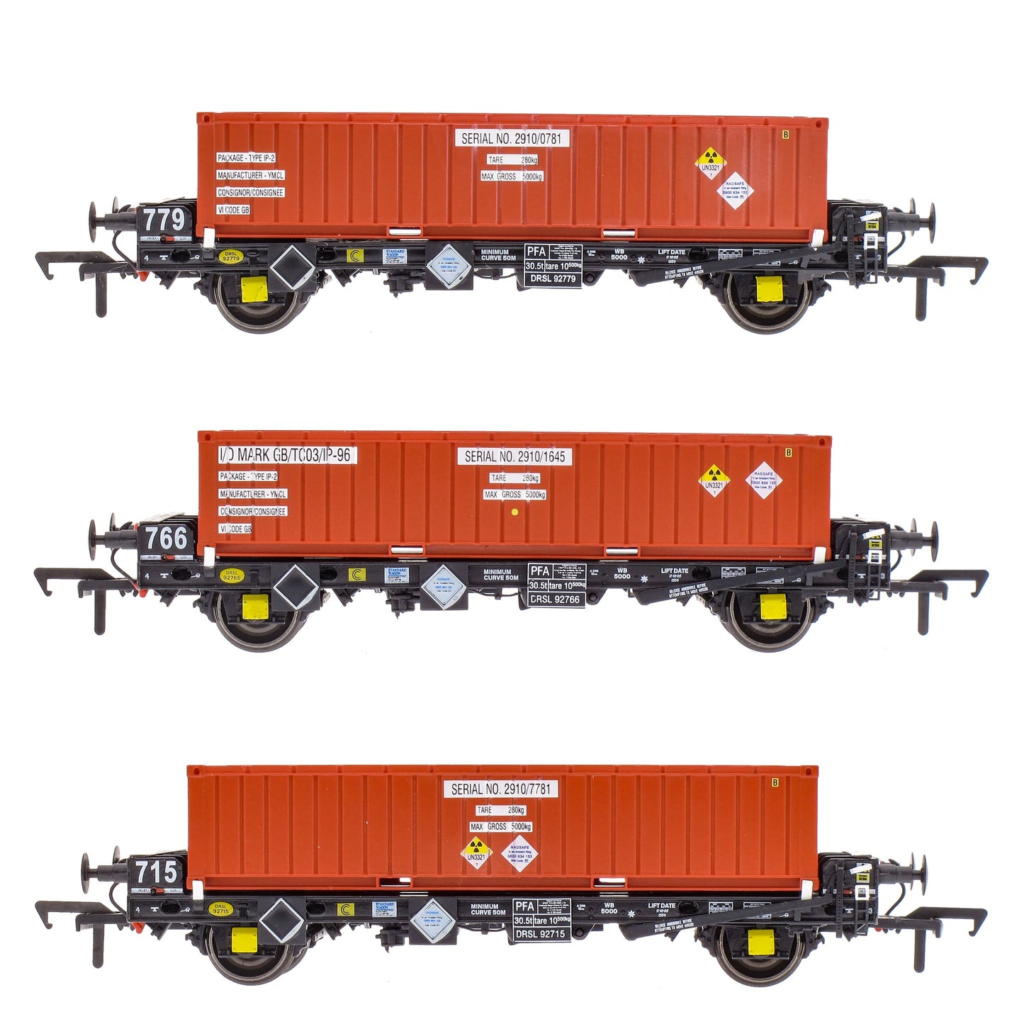 Pre-Owned ACC2085-DRS-R Set of 3 PFA 2 Axle Container Wagons with DRS LLNW Nuclear Half Height Container (Pack R)