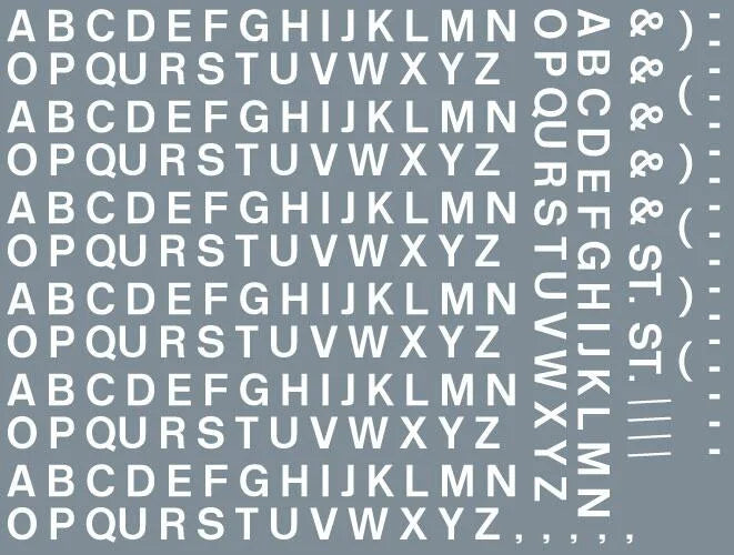 Numeric/alphabet sheet: white BR lettering (4mm high) Waterslide Decals