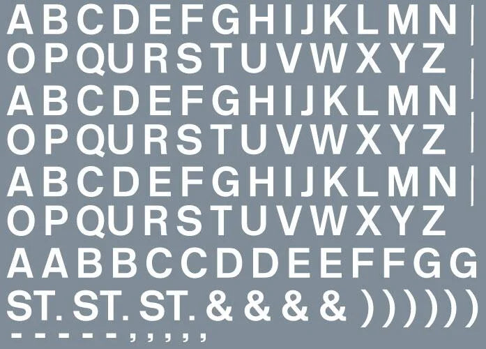 RT-ALL-0018 Numeric/alphabet sheet: white BR lettering (6mm high) Transfer