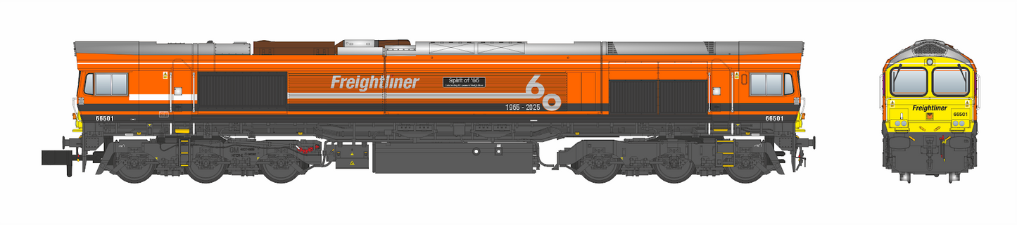 RT-N66-GW-501DCC Class 66/5 66501 Freightliner G&W Orange 'Sprit of '65' Diesel Locomotives - DCC Sound