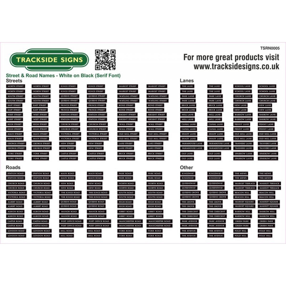 Trackside Signs TSRN0005 Street Name Signs (White on Black) (Serif Font ...