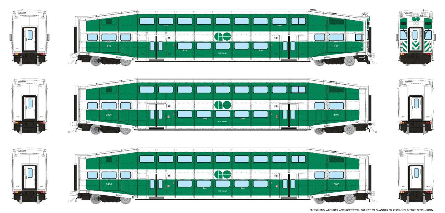 1110001 BiLevel Commuter Car: GO Transit - Late: Set #4 (Cab: 227 Coaches: 2406, 2436)