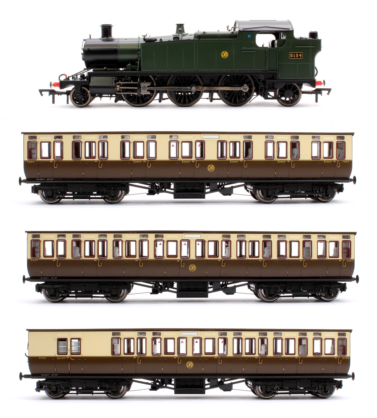 Set of 4 Large Prairie 5134 GWR Green Shirt Button Steam Locomotive & Toplight Coaches