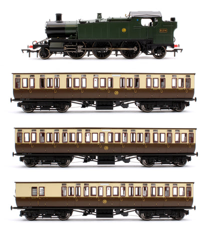 Set of 4 Large Prairie 5134 GWR Green Shirt Button Steam Locomotive & Toplight Coaches