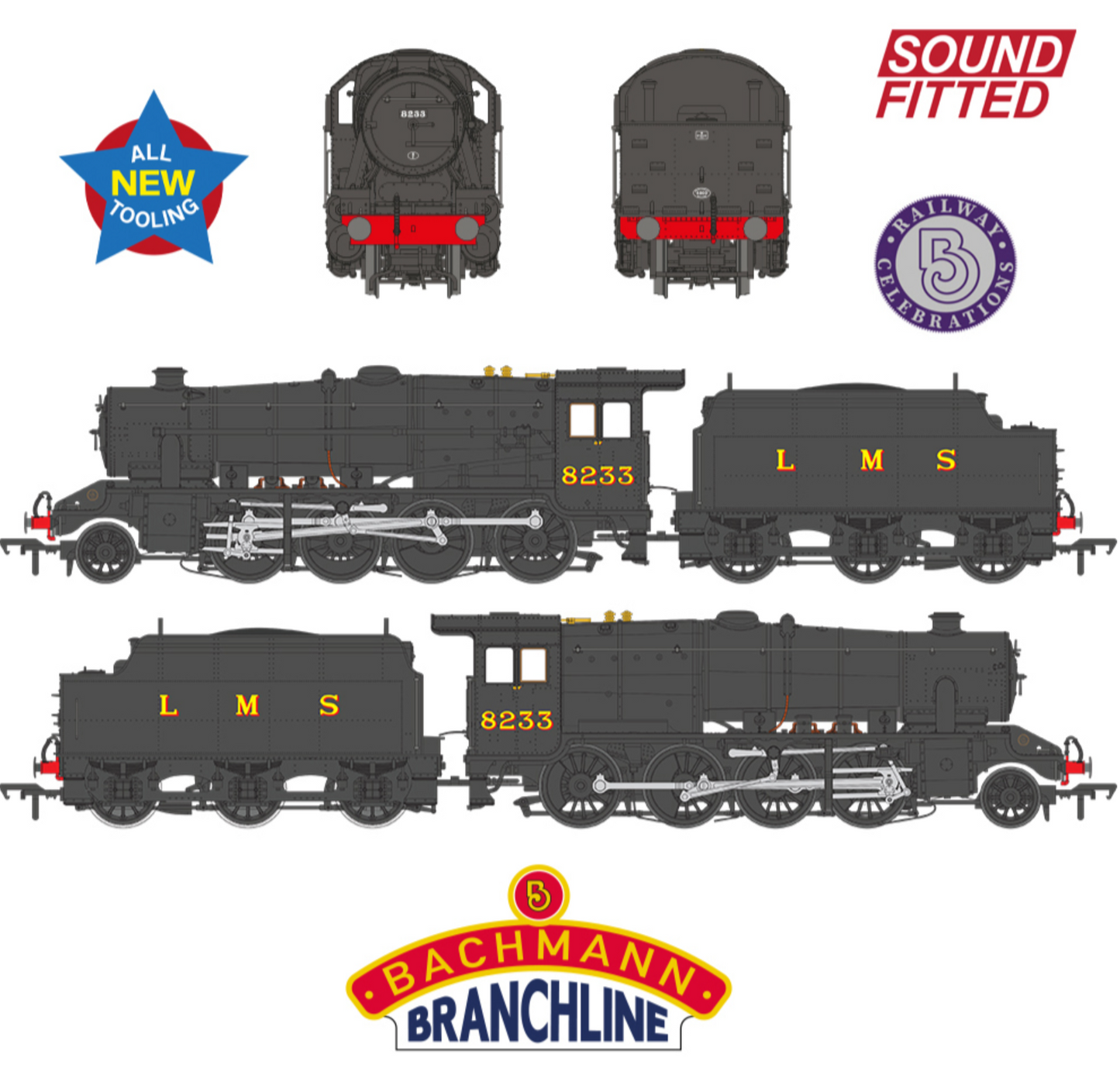 LMS 8F with Riveted Tender 8233 LMS Black Steam Locomotive - DCC Sound