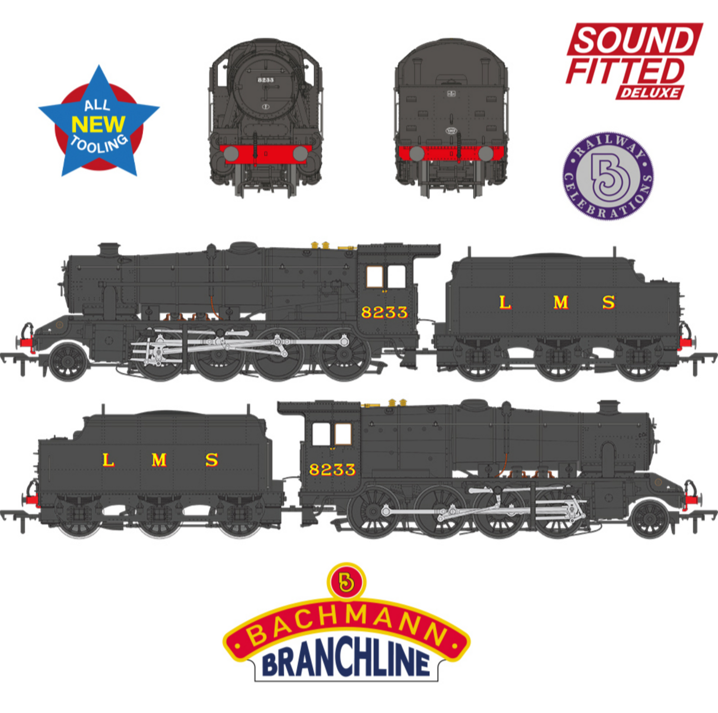 LMS 8F with Riveted Tender 8233 LMS Black Steam Locomotive - DCC Sound Deluxe
