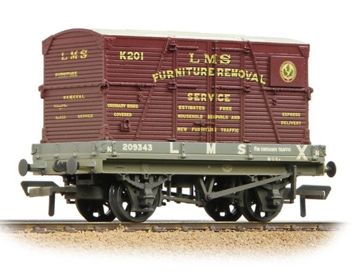 1 Plank Wagon LMS Grey 'Furniture Removal Service' (with Crimson Container) No.209343 - Weathered