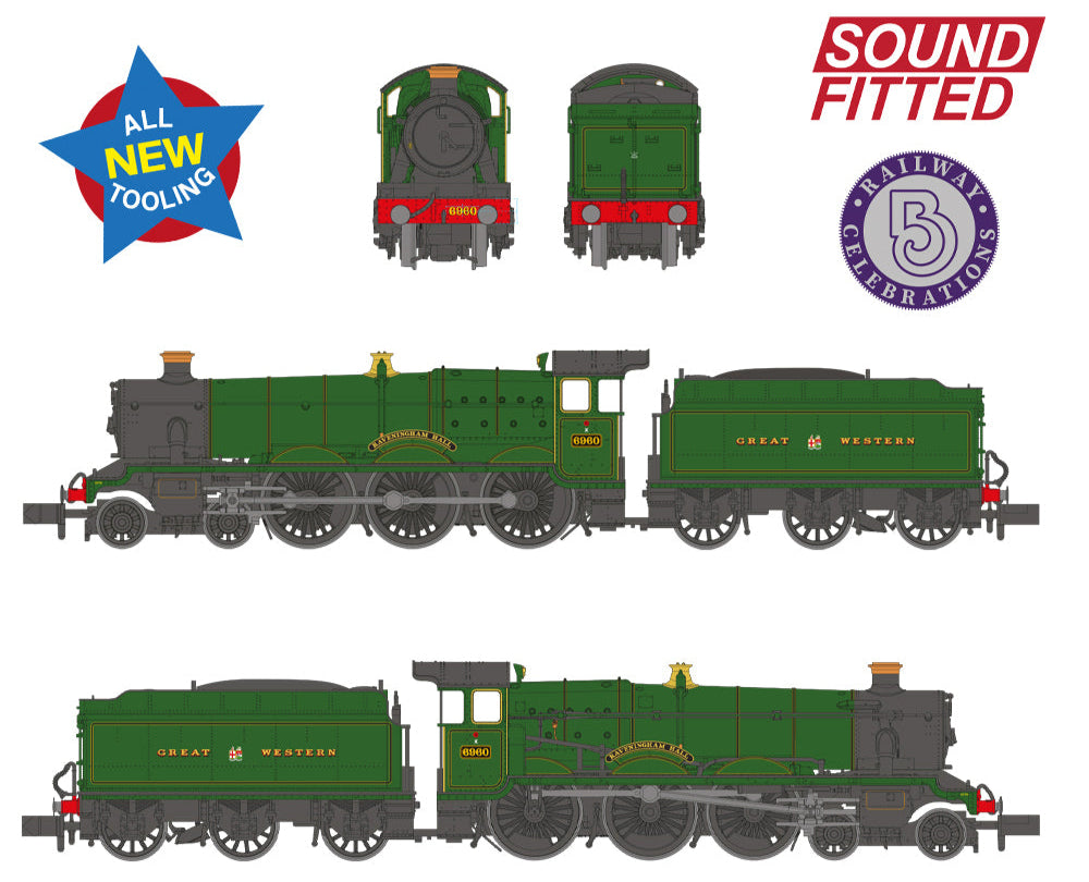 GWR 'Modified Hall' 6960 'Raveningham Hall' GWR Lined Green (GW Crest) Steam Locomotive - DCC Sound