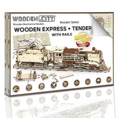 3D Wooden Train Puzzle – Wooden Express + Tender with Rails
