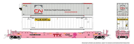 HO 53' Husky-Stack Well Car + Containers: TTX "On Track For A Cure": #654811