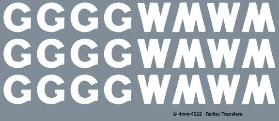 RT-4-4222 Railtec 4-4222 GWR freight white GW 1904-1921 (8mm tall) Waterslide Transfer Sheet for OO Gauge