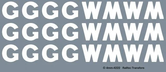 RT-4-4222 Railtec 4-4222 GWR freight white GW 1904-1921 (8mm tall) Waterslide Transfer Sheet for OO Gauge