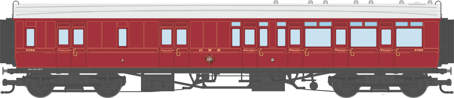 4P-021-005 GWR Corridor Toplight 1914 Lined Crimson Lake Brake Third RH 3766