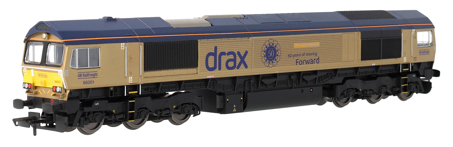 R30461 RailRoad GB Railfreight Class 66 Co-Co Drax 50th Anniversary Gold 66301 ‘Drax Power Station 50’ Diesel Locomotive