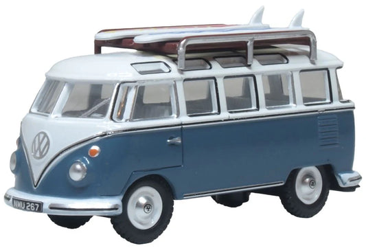 76VWS016 VW T1 Samba Bus/surfboards Gulf Blue/White