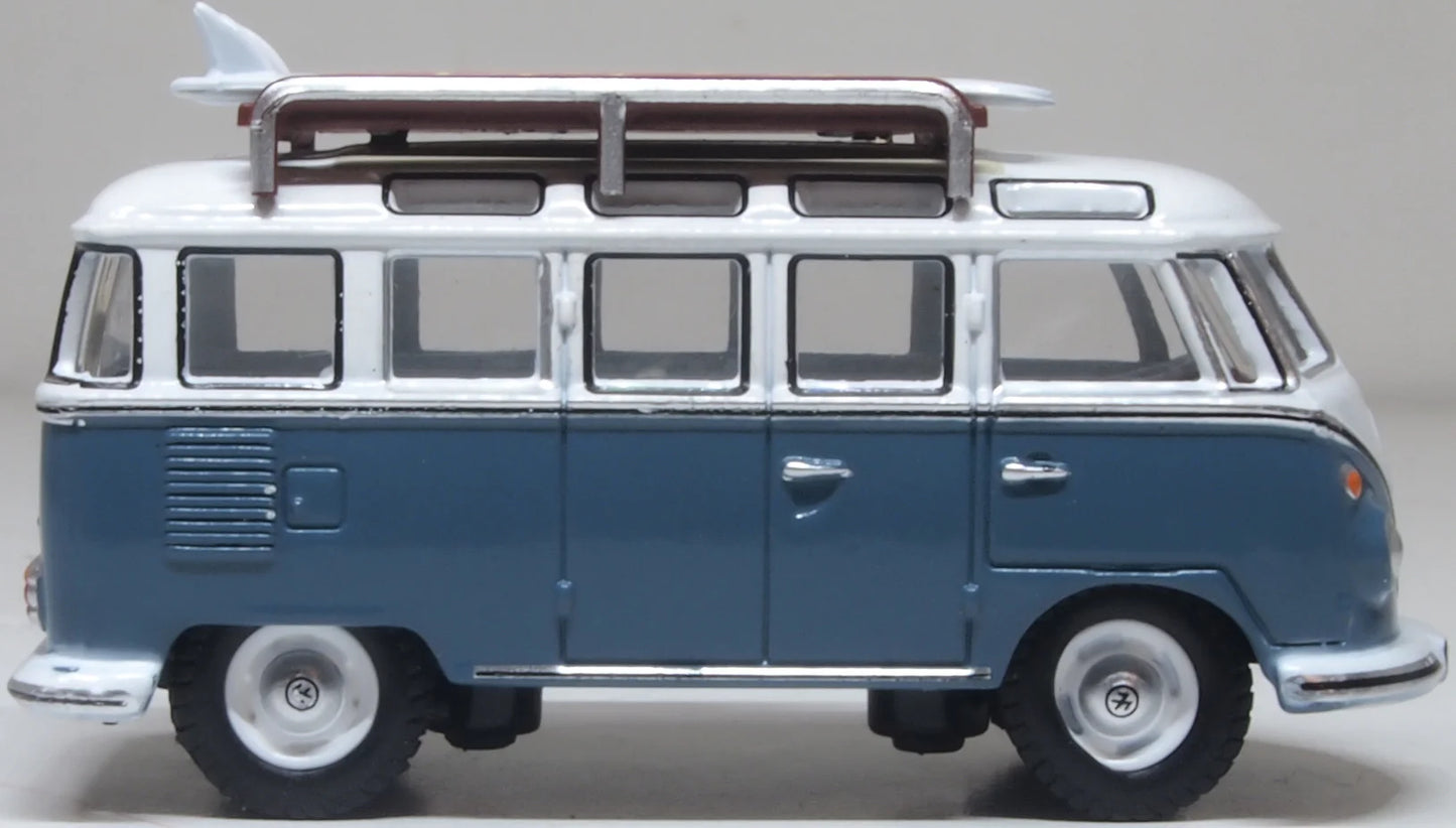 76VWS016 VW T1 Samba Bus/surfboards Gulf Blue/White